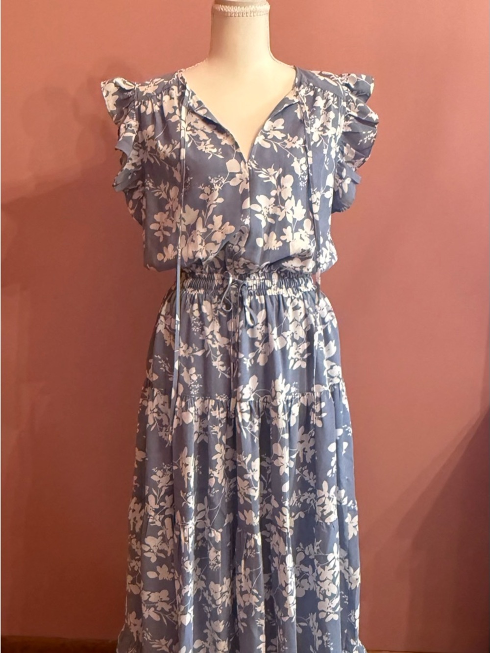 Blue Floral Ruffle Sleeve Midi Dress